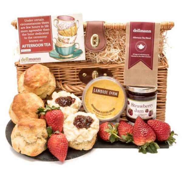 Cream tea delivered by courier with freshly baked scones, clotted cream, jam and tea
