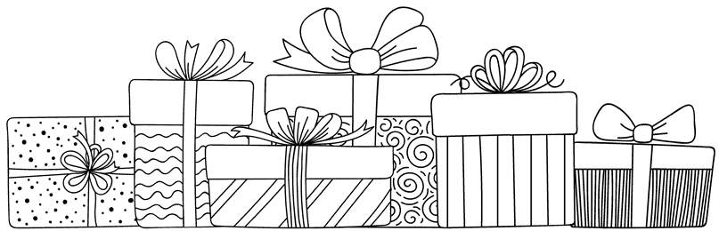 A drawing of a bunch of presents on a white background.