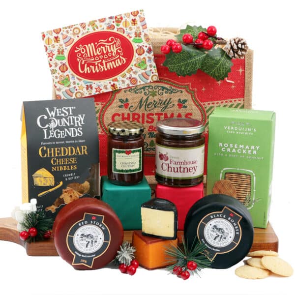 A savoury festive hamper with cheese, chutney and crackers.