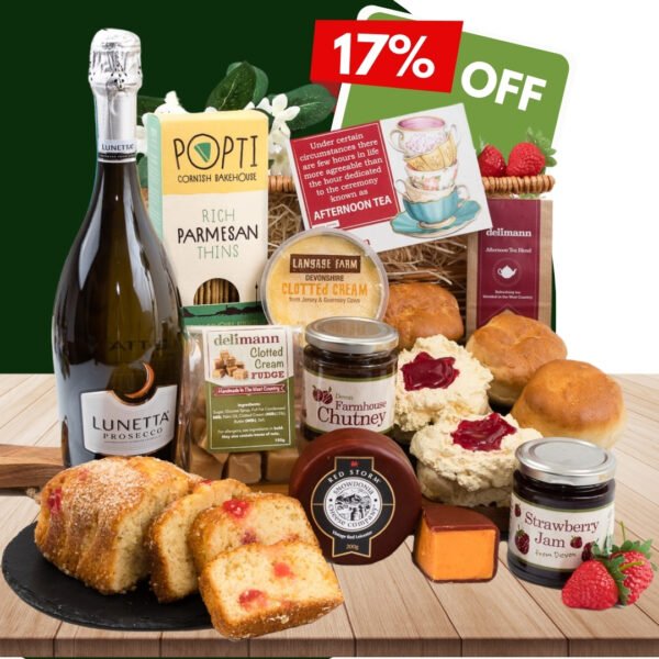 17% discount on our Bubbly Celebration Tea with prosecco, a Devon cream tea, cake, fudge, cheese, chutney and crackers.