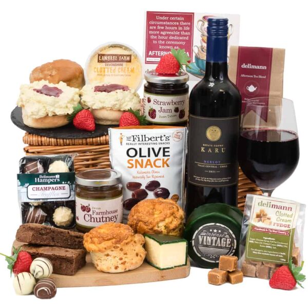 Luxury gift basket featuring a Cream Tea With Cheese & Wine and delectable biscuits and chocolates.