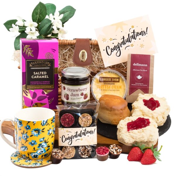 cream tea with mug, chocolates, salted caramel biscuits and congratulations card