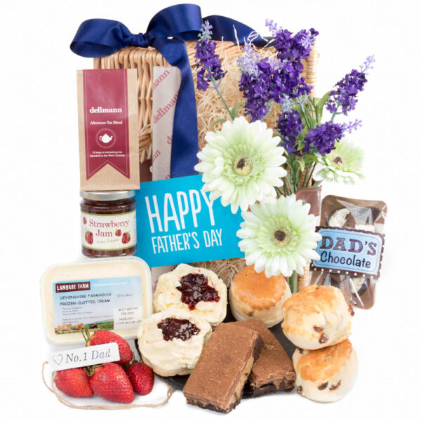 Dad's Devon Delight gift hamper with a Devon cream tea, chocolate bar and malty millionaire slices.