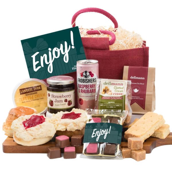 A jute bag with Cream Tea, juice, chocolate truffles, shortbread and fudge