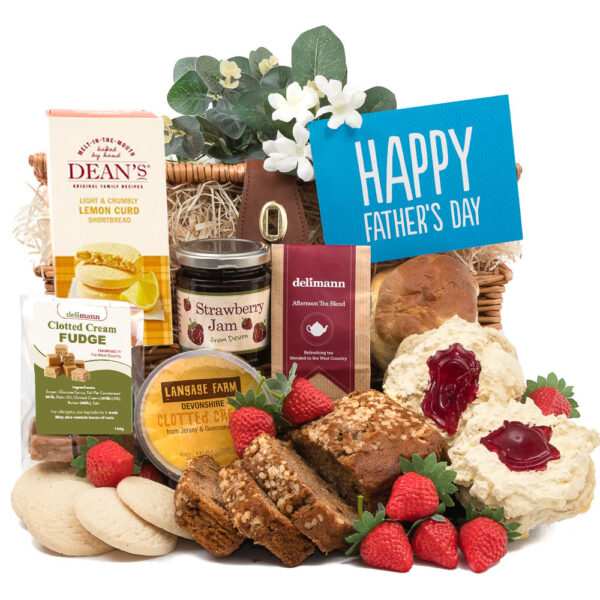 A Father's Day Afternoon Cream Tea gift basket filled with assorted treats including jams, bread, fudge, tea, and a lemon curd, adorned with a small potted plant and a "happy father's day" card.