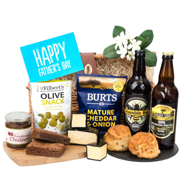 Dad's Beer and Cheese Hamper 2 bottles of beer, a mature cheddar truckle, farmhouse chutney, crisps, olives and brownies.