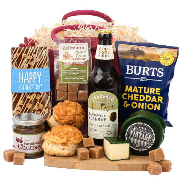 Father's Day Savoury Delight gifts including cheese, biscuits, cider, fudge, and chutney.