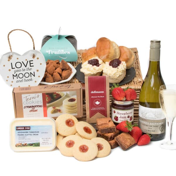 A gift basket with a bottle of wine and biscuits, perfect for New Baby's Big Celebration Cream Tea.