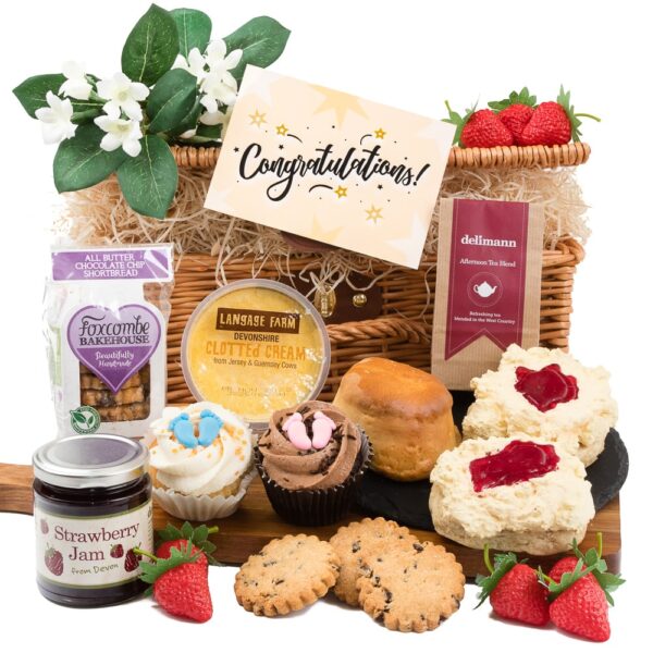 Cream Tea with cupcakes and a congratulations card to celebrate a new baby