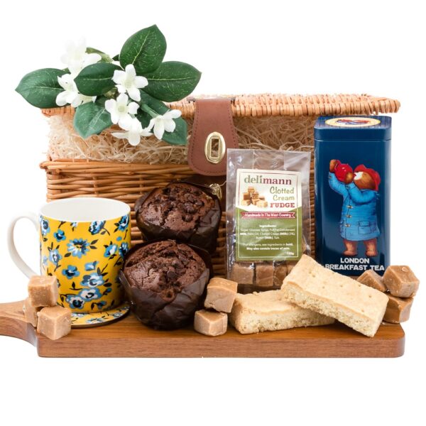 gift with paddington tin containing 40 tea bags, 2 chocolate muffins, fudge, shortbread and a matching floral mug & coaster