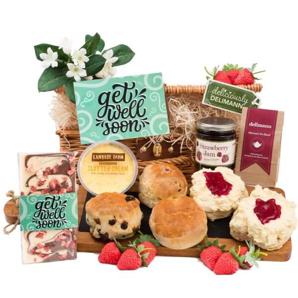 a cream tea with a chocolate bar with a get well soon wrapper