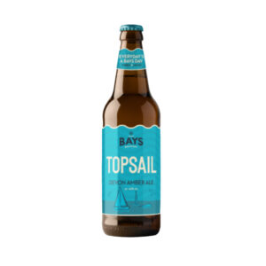 A 500ml bottle of Bays Brewery Topsail Ale (500ml) with a blue label that reads "TOPSAIL ALE."