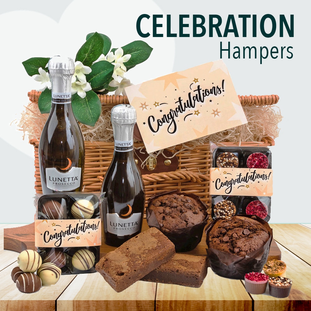 Welcome to our collection of celebration hampers! Indulge in the perfect combination of cake, chocolates, and champagne.