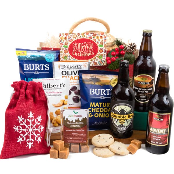 The Christmas Devon Beer Box hamper with beer, savoury nibbles and sweet treats.