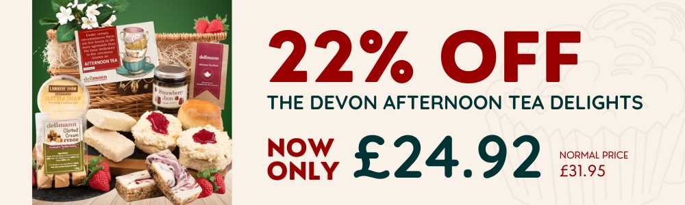 Promotional banner showing 22% off on 'the Devon afternoon tea delights' set, now priced at £24.92, down from £31.95, featuring images of scones,