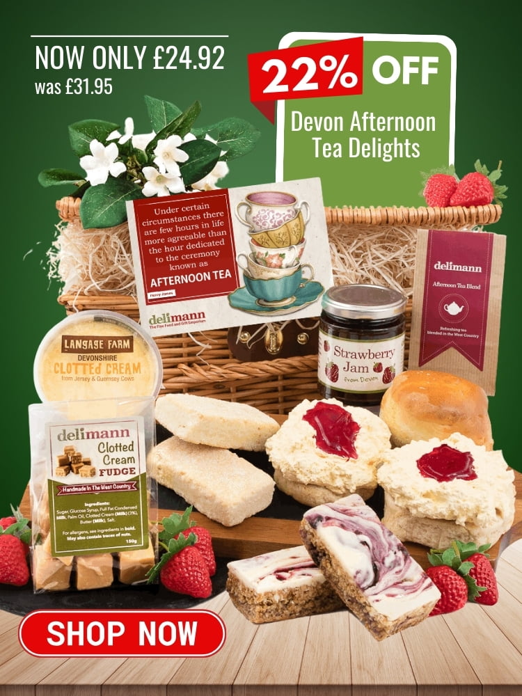 Promotional image featuring a basket of tea time treats including scones, jam, and clotted cream, ideal for any occasion with a "22% off" sale tag, now only £24.92