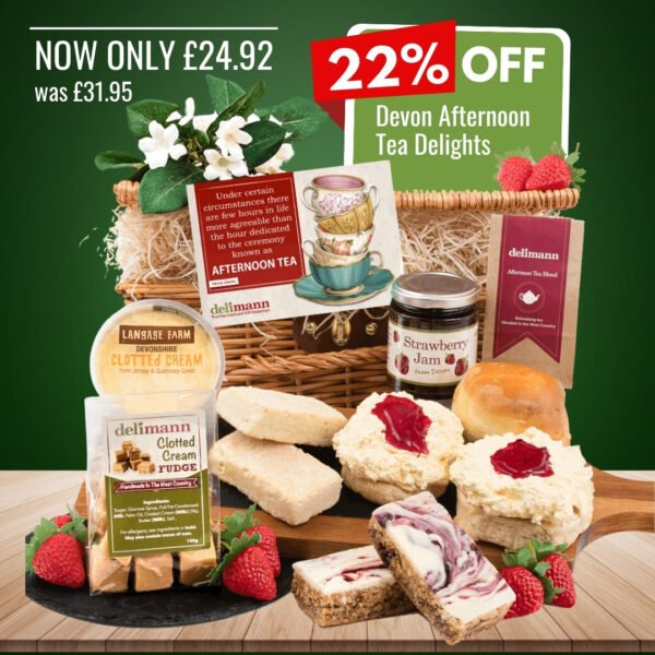 Sentence with Product Name: Promotional image of a Devon Afternoon Tea Delights gift basket, featuring scones, clotted cream, jam, and tea, displaying a 22% discount, priced at £24.
