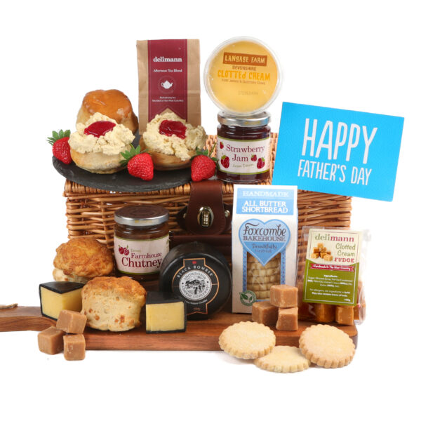 Dad's Afternoon Tea With Cheese & Chutney Hamper includes a Devon cream tea with shortbread and fudge. As well as cheese, chutney & cheese scones.