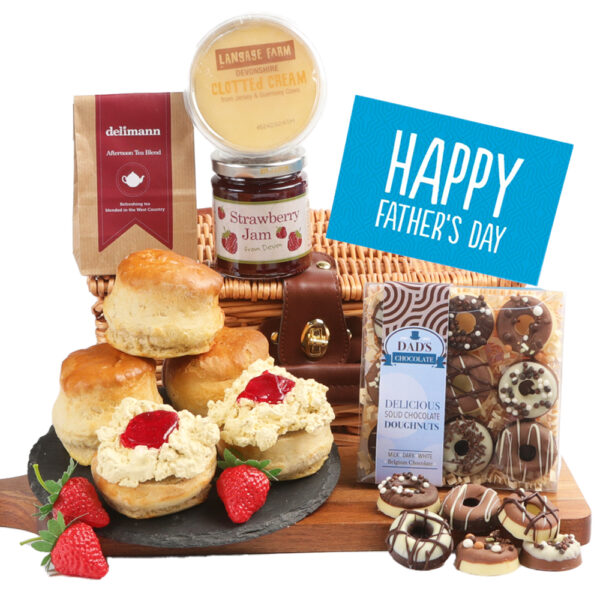 A Father's Day gift basket including Dad's Devon Cream Tea With Solid Chocolate Donuts, scones with clotted cream and jam, chocolates, and a "Happy Father's Day" card.