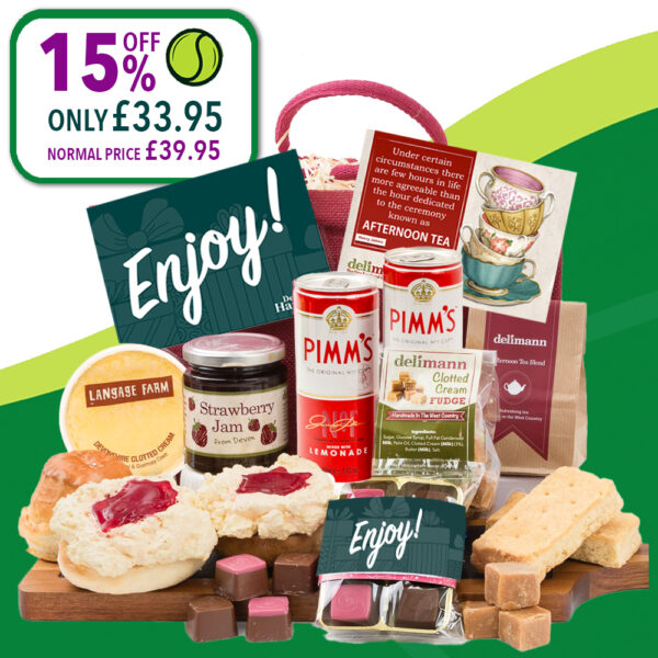 An image of a Wimbledon Cream Tea hamper with a banner saying 15% off - now only 33.95 instead of 39.95