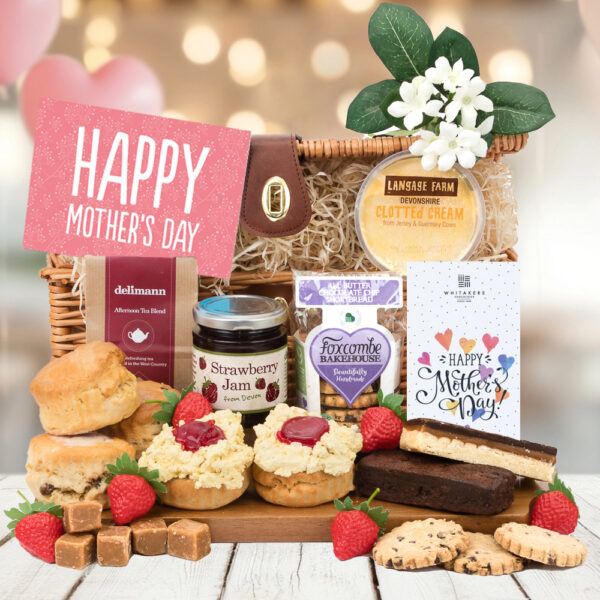 The Gluten Free Mum's Afternoon Tea gift basket featuring gluten-free scones, clotted cream, jam, chocolate bar, tea for afternoon delight, and a heartfelt card.