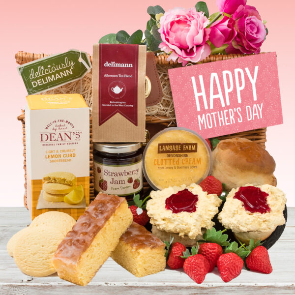 The Mum's Lemon Afternoon Tea Gift Hamper is perfect for Mother's Day, featuring scones, jam, clotted cream, lemon curd shortbread, tea and lemon drizzle cake.