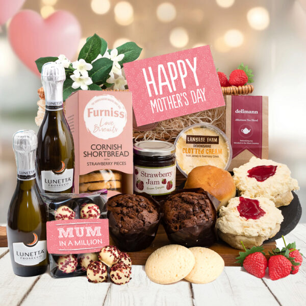 Mother's Day Luxury Gift Hamper includes sparkling wine, shortbread, jam, scones, muffins, and a "Happy Mother's Day" card.