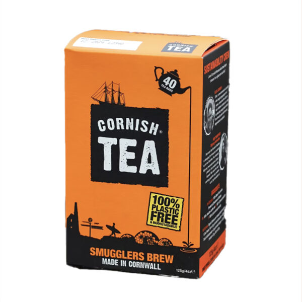 A box of Smugglers Brew Cornish Tea (40 bags), with an orange and black design, labeled 100% plastic free and filled with premium tea bags.